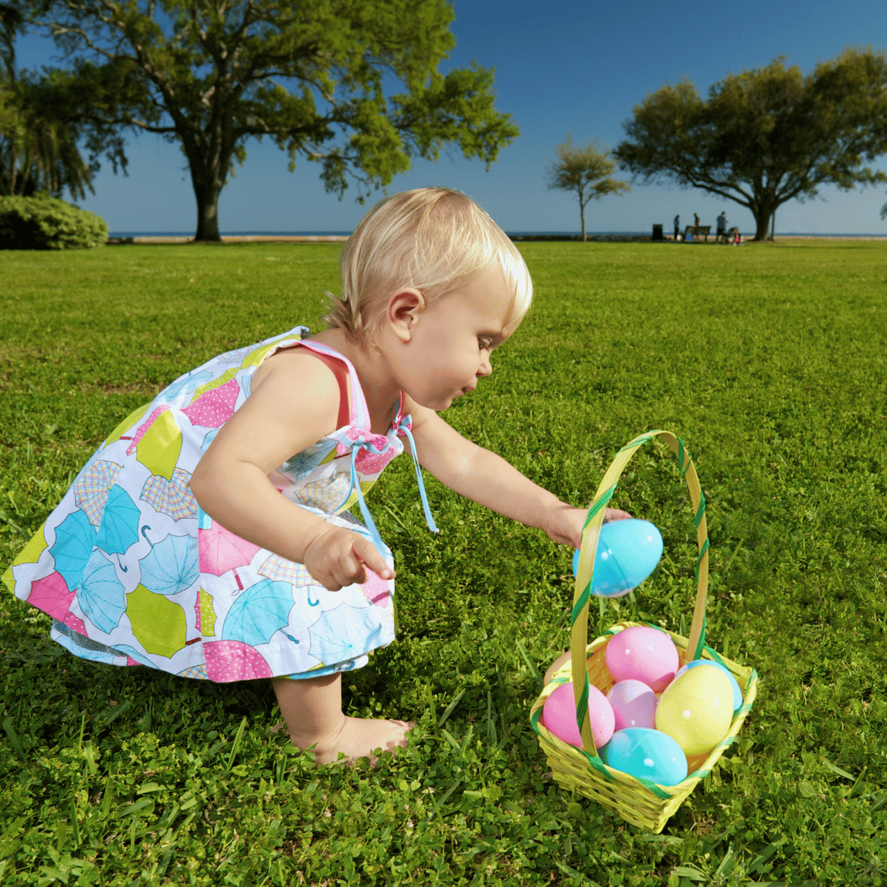 toddler at an easter egg hunt